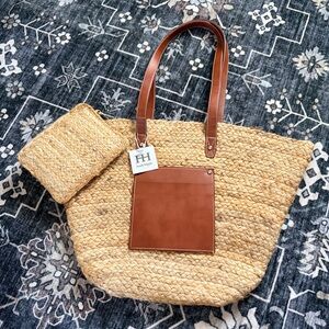 NWT Haute Hippie Jute Woven Tote Bag with brown leather Handle & Pouch